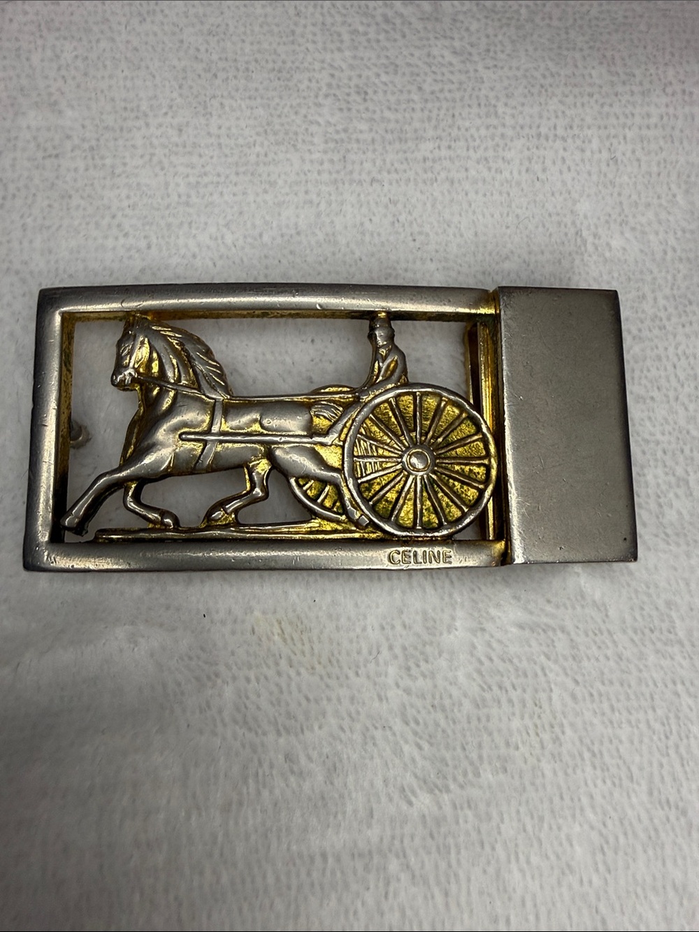 Authentic Vintage Celine Sulky Horse Carriage Belt Buckle Italy 1” Belt Two Tone